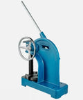 Heavy Duty Ratchet Arbor Press With 3 Ton Capacity And Solid Cast Iron Design, featuring a blue body and hand wheel for manual operation.