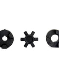 Three-piece L-jaw coupling set with Buna-N rubber spider; black hubs and star-shaped center.