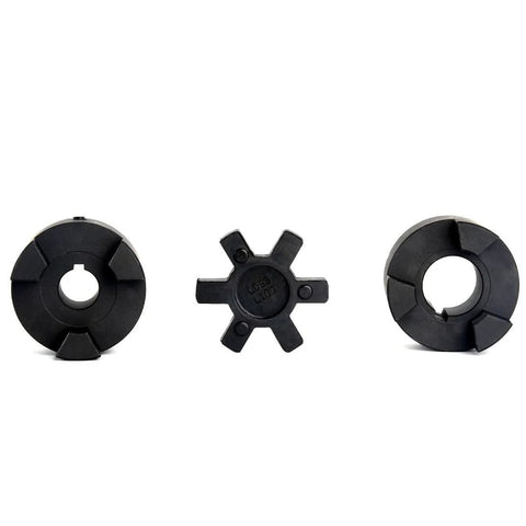 Three-piece L-jaw coupling set with Buna-N rubber spider; black hubs and star-shaped center.