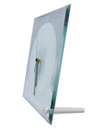 Side angle view of a single glass clock photo frame from Twenty Pack Sublimation Blank Clock Glass Photo Frames 7.8 Inch Square For DIY Wall Decor And Heat Transfer Printing Includes Clock Hands And Stand Battery Not Included.