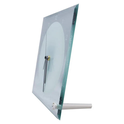 Side angle view of a single glass clock photo frame from Twenty Pack Sublimation Blank Clock Glass Photo Frames 7.8 Inch Square For DIY Wall Decor And Heat Transfer Printing Includes Clock Hands And Stand Battery Not Included.