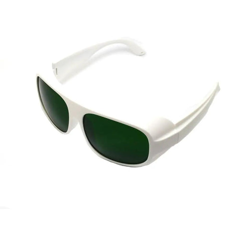 Heavy Duty Laser Safety Glasses, Big Time Telecom And Nd:Yag Diode Eye Protection, featuring white anti-fog frame and green lenses.