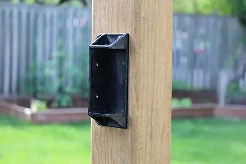 Top Shelf Heavy Duty Privacy Fence Brackets For Standard 2x4 Wood Railings Pre Drilled Galvanized Steel 8 Pack mounted on a wooden post.