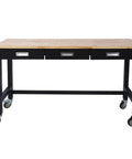 60 Inch Heavy Duty Mobile Workbench with three drawers, solid rubber wood top, locking casters, rolling steel work table.