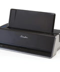 Heavy Duty Commercial Three Hole Electric Paper Punch With Twenty Eight Sheet Capacity Nine Thirty Two Inch Holes Sleek Black Silver Finish angled view showing push button control.
