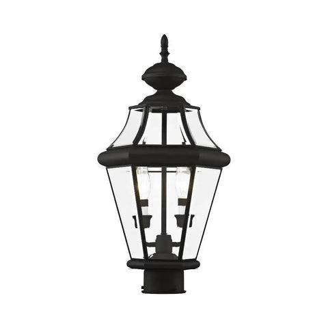 Georgetown 2-Light Outdoor Post Head In Polished Brass With Clear Beveled Glass, tall elegant black lantern with two bulbs