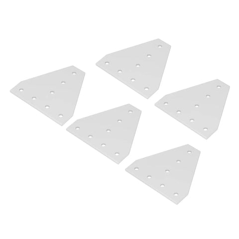 Five pieces of 7 Hole Aluminum Joint Bracket Plate Set for Furniture Building Beefy Heavy Duty 4040T Connectors displayed on white background.