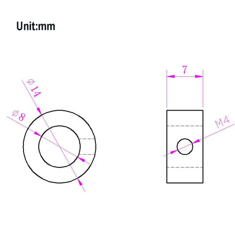 Technical diagram of 10 Pack 8mm Lock Collars For Shafts Stainless Steel Black Finish Inner 8mm Outer 14mm Height 7mm