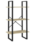 Five Shelf Bookcase In Sonoma Oak With Sturdy Metal Frame, side view of engineered wood unit, industrial style storage.