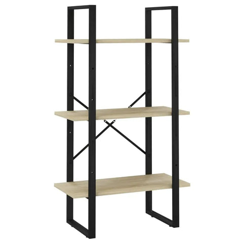 Five Shelf Bookcase In Sonoma Oak With Sturdy Metal Frame, side view of engineered wood unit, industrial style storage.