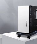 Rig Ready Rolling Computer Tower Stand With Top Tier Crossflow Ventilation And Smooth Glide Casters For Sturdy PC Case Holder on a white surface.