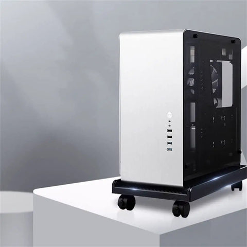 Rig Ready Rolling Computer Tower Stand With Top Tier Crossflow Ventilation And Smooth Glide Casters For Sturdy PC Case Holder on a white surface.