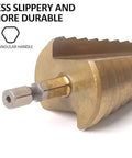 Front view of a titanium-coated step drill bit set, 6-piece, gold-toned metal bits