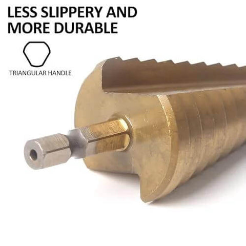 Front view of a titanium-coated step drill bit set, 6-piece, gold-toned metal bits