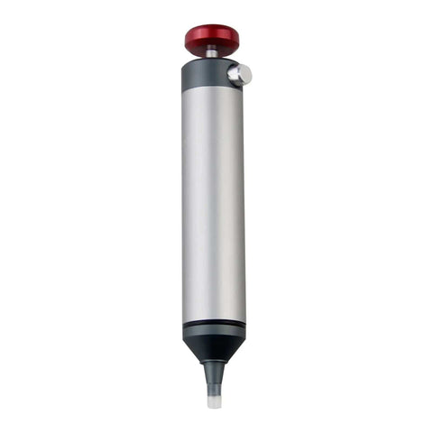 SS-02 Desoldering Solder Sucker Pro-Grade Desoldering Tool metal body with silicone nozzle vertical view