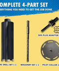 4-piece core drill set including core drill bit, masonry bit, SDS Plus adapter, and pilot collar