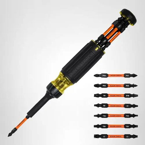Image of 15-In-1 Multi-Bit Ratcheting Screwdriver Set With Impact-Rated Bits, 7 ProFlex Double-Ended Tips, 1/4-Inch Nut Driver, Built Tough For Pros And DIYers, 8-Piece, showing all bits and the ratcheting handle.