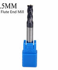 Front view of a 1.5mm solid carbide end mill, 4-flute, AlTiN-coated, in blue holder