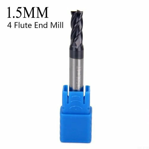 Front view of a 1.5mm solid carbide end mill, 4-flute, AlTiN-coated, in blue holder
