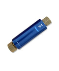 Blue metal 2 Pound disc brake residual pressure check valve with brass hex ends, side view