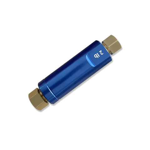 Blue metal 2 Pound disc brake residual pressure check valve with brass hex ends, side view