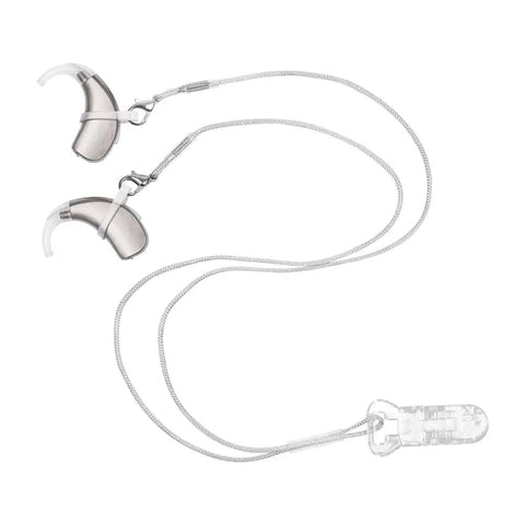 Anti Lost Hearing Aid Clip Lanyard With Adjustable Silicone Loops For BTE Ear Aids featuring clear plastic neck clip and key chain