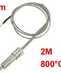 K Type Thermocouple Temperature Sensor Probe With Top Notch Compression Spring Assembly, 500C Max Heat, One Meter Cable, Four Millimeter Fork Terminal Spacing, 0.2 By 0.4 Inch Probe Tip, Two Inch Head Length, Silver Tone in coil form with colored fork terminals, red and blue, displayed separately and in hand.