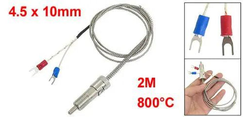 K Type Thermocouple Temperature Sensor Probe With Top Notch Compression Spring Assembly, 500C Max Heat, One Meter Cable, Four Millimeter Fork Terminal Spacing, 0.2 By 0.4 Inch Probe Tip, Two Inch Head Length, Silver Tone in coil form with colored fork terminals, red and blue, displayed separately and in hand.