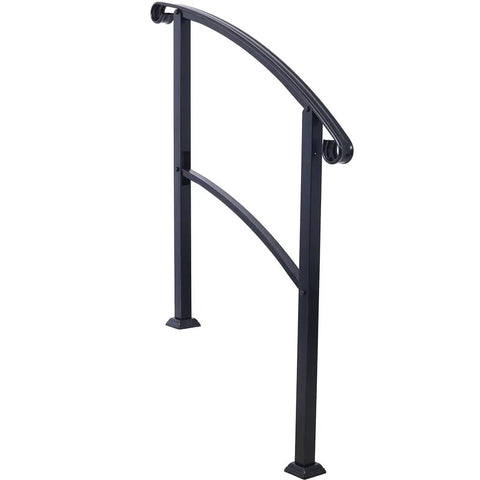 Sturdy As Nails Wrought Iron Handrails For Outdoor Steps With Curved Non Slip Grip Solid Black Porch Railing Kit for 1-3 steps.