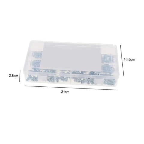 Clear plastic case with 260 Piece Hydraulic Grease Fitting Kit With Straight And Angled Nozzles For Cars Trucks And Machinery Ready To Roll.