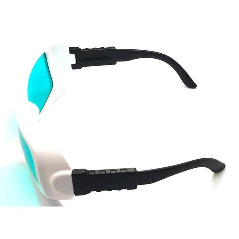 Top Tier Badass Laser Safety Glasses Featuring Heavy Duty OD4 Plus Filter And Crystal Clear Lenses side view with black temple arms.