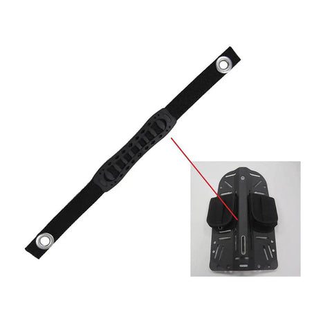 Technical Diving Metal Backplate Strap With Nylon Webbing And BCD Back Panel Handle next to scuba gear setup, black durable design