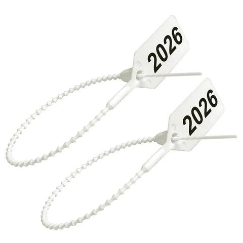 Top Shelf White Fire Extinguisher Tamper Seals Zip Ties Lot Of One Thousand Twenty Six Dated UL Certified nylon ties with 2026 tags.