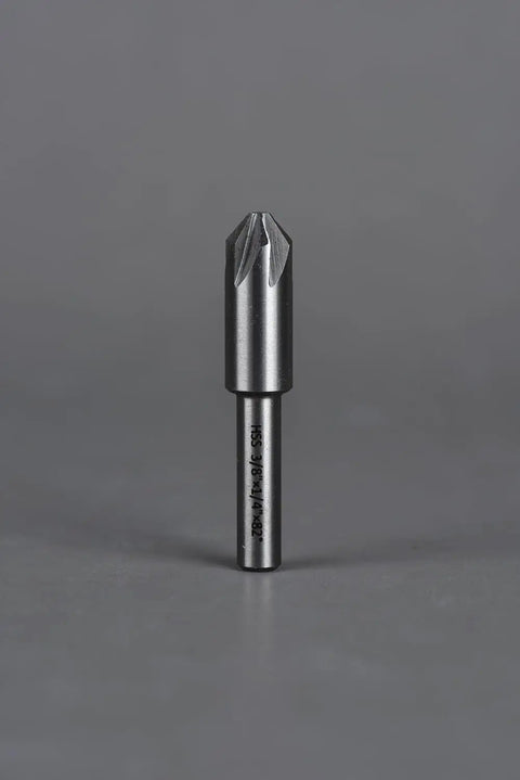 Five Piece Countersink Drill Bit Set, 82 Degree, Six Flute, HSS Round Shank, Precision Ground, metal and wood tool close-up view.