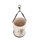 Top view of Canvas Tool Bucket With Drain Holes, Heavy Duty Canvas Pail For Tools And Gear, 150 Pound Load Rating, plastic bottom, canvas material.