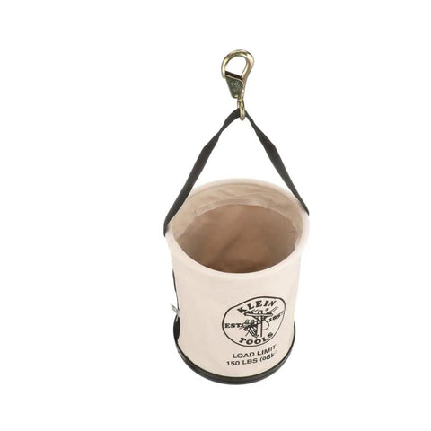 Top view of Canvas Tool Bucket With Drain Holes, Heavy Duty Canvas Pail For Tools And Gear, 150 Pound Load Rating, plastic bottom, canvas material.