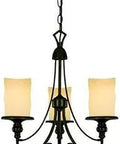 Hearthstone Three Light Chandelier in burnished bronze with burnt Scavo globe shown from front, EZ install crossbar visible.