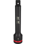 Heavy Duty One Inch Drive Ten Inch Extension Bar Forged Impact Steel With Ball Detent Retention And Dual Hole Grip showing grip end and detent tab.