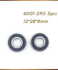 Five Pack 12x28x8mm Rubber Sealed Deep Groove Ball Bearing 6001-2RS Miniature for RC Cars and Drones displayed, front view
