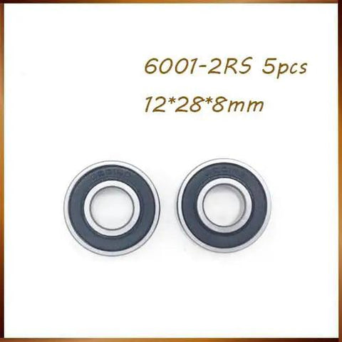 Five Pack 12x28x8mm Rubber Sealed Deep Groove Ball Bearing 6001-2RS Miniature for RC Cars and Drones displayed, front view