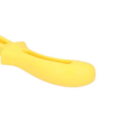 Close-up of ergonomic handle on Pro Grade Woodworking Push Sticks Set For Table Saws And Planers, Bright Yellow Plastic