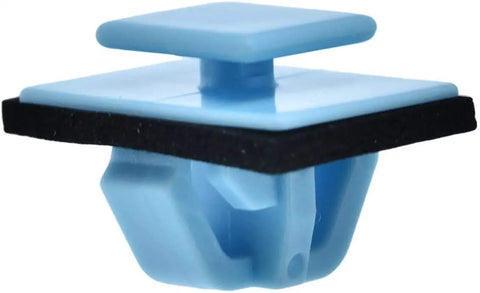 Close-up of blue clip from 15 Piece Door Liftgate Body Side Rocker Molding Retainer Clip Set for Hyundai and Kia cars.