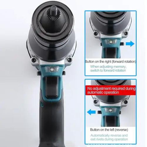 Kickass 26V Cordless Rivet Nut Gun Kit With 5.2Ah Battery showing buttons for forward and reverse rotation adjustment.
