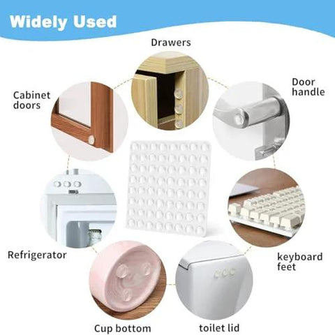 2 Pack Self Adhesive Bumpers 1/2 Inch Diameter Clear Round Cushions 64 Pieces demonstrating use on furniture and appliances