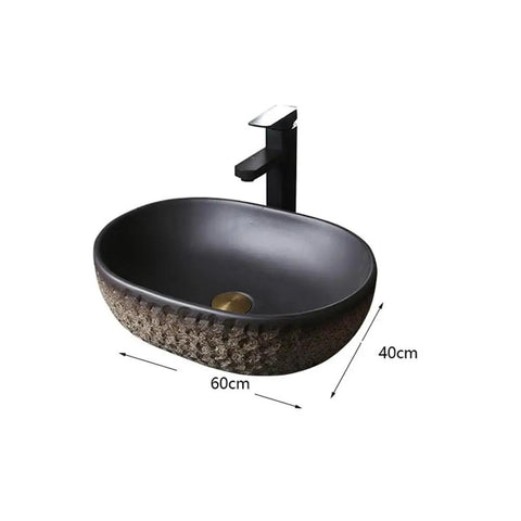 USZWBY Imitation Stone Ceramic Vessel Sink Small Wash Basin for Outdoor Pool Home Bathroom Modern Countertop Art Design, oval shape, 60x40cm.