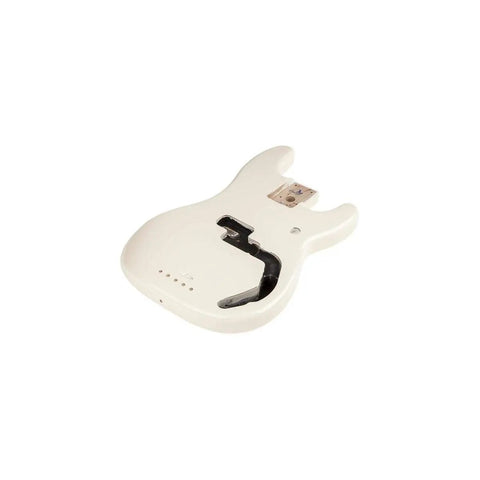 Precision Bass Alder Body In Arctic White Gloss Finish Routed For Split Single-Coil Pickup No Pickguard Holes Vintage-Style Four-Bolt Neck Pocket Five-Screw Bridge Mount Ready For Custom Build, angled view