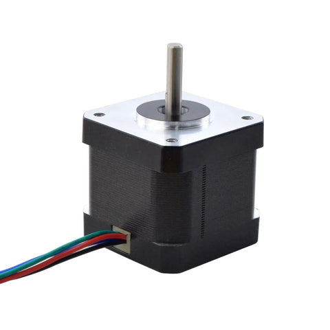 Front view of NEMA 17 stepper motor, 4-wire bipolar, black body with silver faceplate, 42x42x39mm