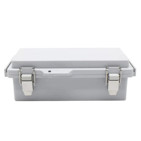 Front view of Electrical Waterproof Junction Box Outdoor Enclosure With Hinged Clear Cover Stainless Steel Buckles IP67 7.9x3.9x2.8 Inch