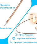 High Accuracy Type K Thermocouple Probes 3 Pack, 1 Meter Long, Fast 0.5 Second Response, Range -40C To 480C, Rugged Pro Grade Fiberglass Sheath For Thermocouple Thermometers And Temperature Meters, showing fiberglass braid and bead probe