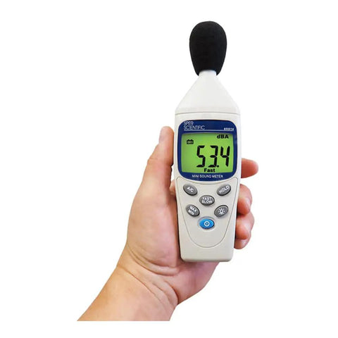 Person holding Pocket Sized Mini Sound Level Meter With Auto Range 30 To 130 dB 0.1 dB Resolution displaying 53.4 dBA